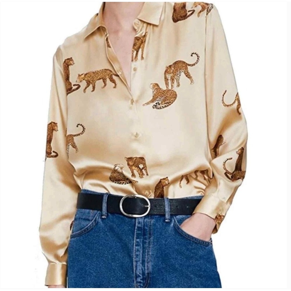 Zara Leopard Animal Print Button Down Shirt Tan Long Sleeve Blouse Small Spain